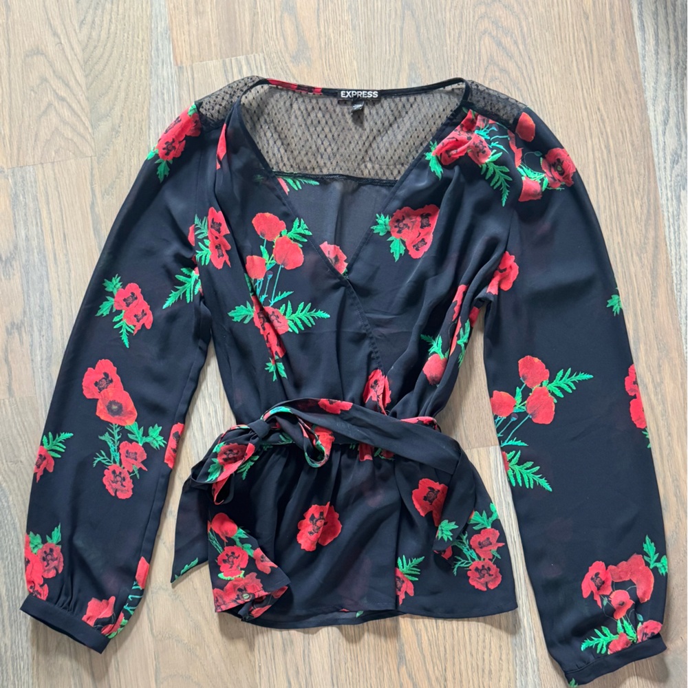 Express Black Blouse with Red and Green Floral Design